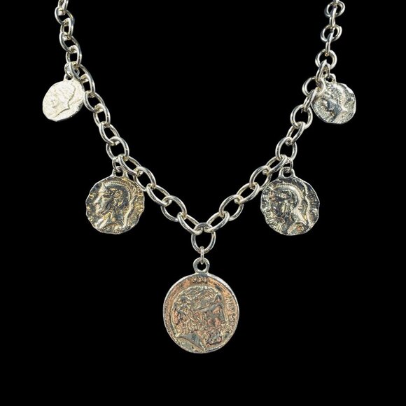Vintage Style Gold Tone Chain Necklace With Multiple Roman Coin Charms Boho  18" - Picture 3 of 8